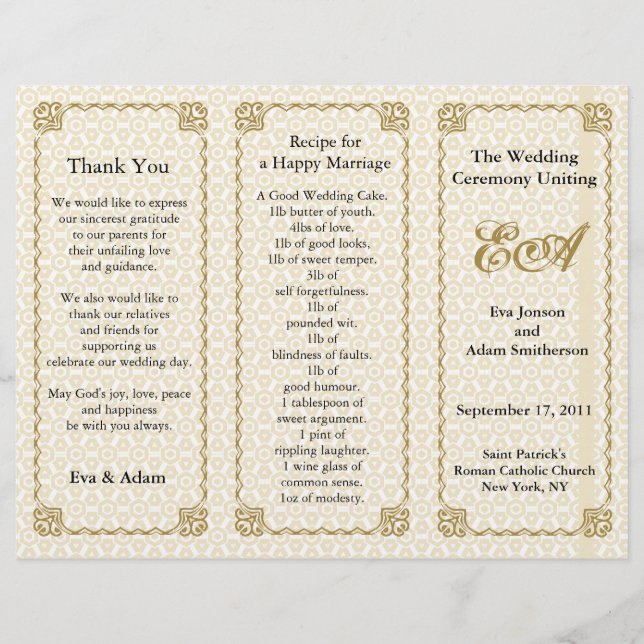 Wedding Program Folder Pattern Gold White (Front)