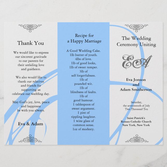 Wedding Program Folder Twirl Blue Grey (Front)