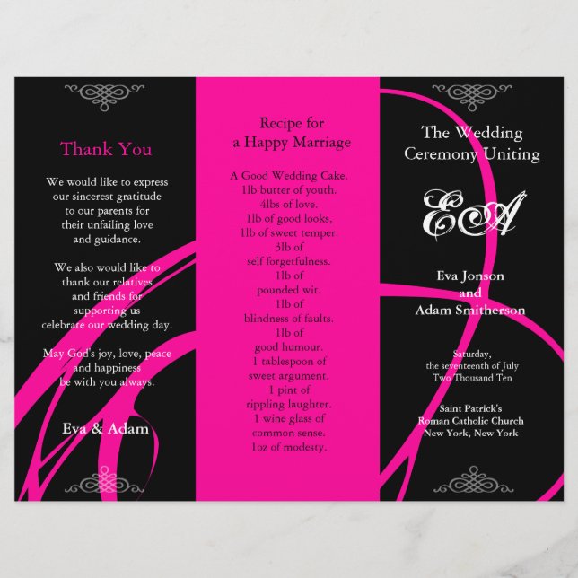 Wedding Program Folder Twirl Pink Black (Front)
