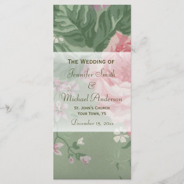 Wedding Program for Green and Pink Rose Wedding Programme (Front)