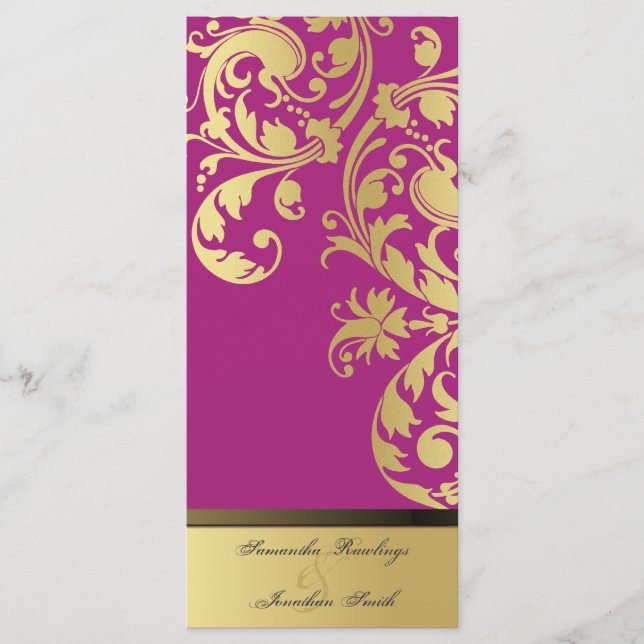 Wedding Program - Fuchsia Pink Gold Shimmer Floral Programme (Front)