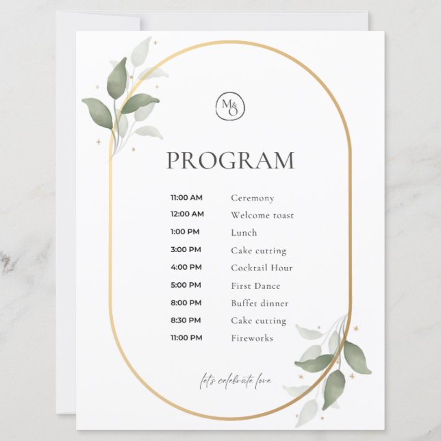 Wedding Program – Gold Arch & Green Botanical Desi (Front)