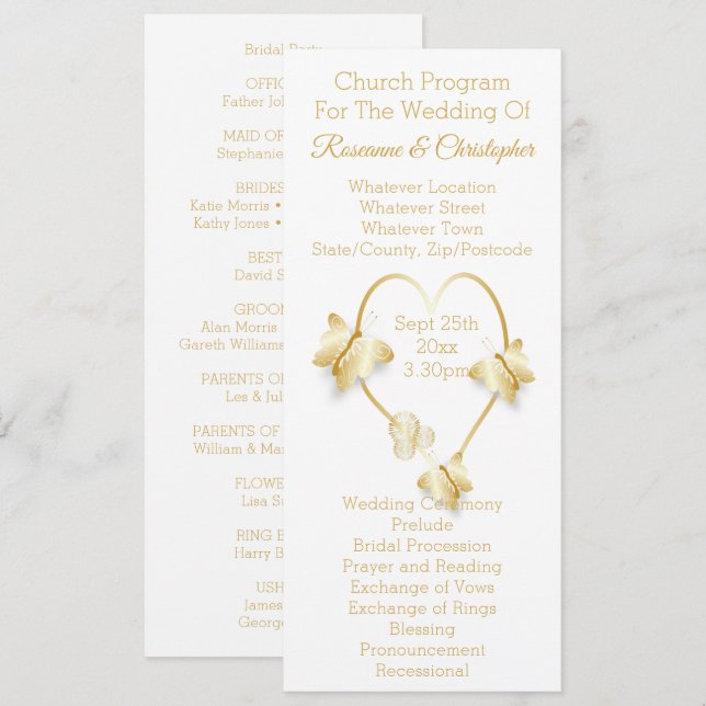 Wedding Program Gold Coloured Heart Butterfly Programme (Front/Back)