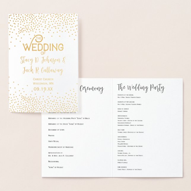 WEDDING PROGRAM Gold Confetti Typography Foil Card (Display)