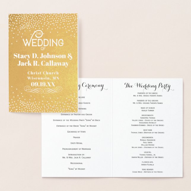 WEDDING PROGRAM Gold Confetti Typography Foil Card (Display)