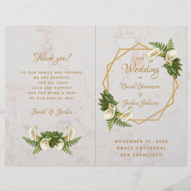 Wedding Program Gold White Marble Calla Lilies (Front)