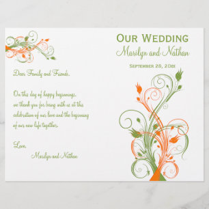 Wedding Program   Green Orange White  Floral