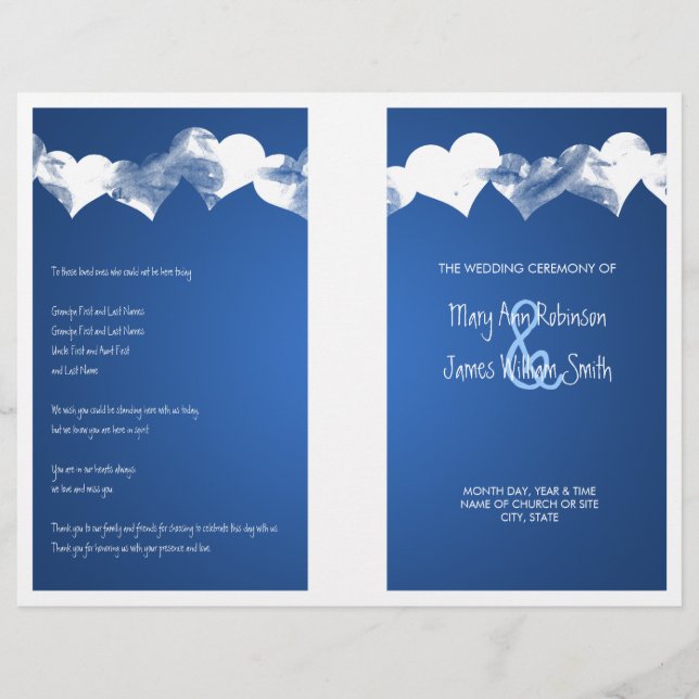 Wedding Program Grunge Hearts Blue (Front)
