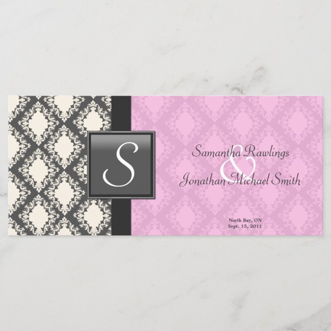 Wedding Program - Light Pink White Damask Monogram Programme (Front)