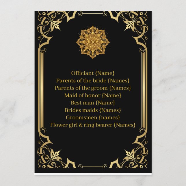 Wedding Program Mandala Luxury Black and Gold  Programme (Front)