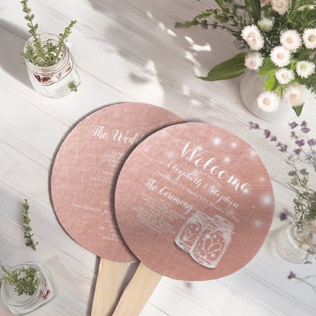 Wedding Program Mason Jars String Lights Rose Gold Hand Fan (Creator Uploaded)
