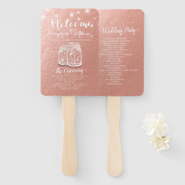 Wedding Program Mason Jars String Lights Rose Gold Hand Fan (Front and Back)