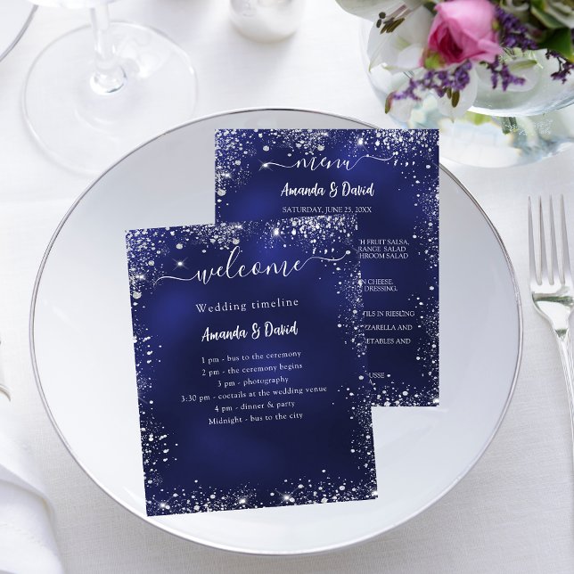 Wedding Program Menu navy blue silver budget (Creator Uploaded)
