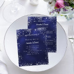 Wedding Program Menu navy blue silver glitter<br><div class="desc">A classic wedding program and menu.  A navy blue background. The blue colour is uneven. White text. Decorated with faux silver glitter,  sparkles. Personalise and add your name,  date and both your program and the menu. 

1 sheet = 1 menu printed edge to edge.</div>