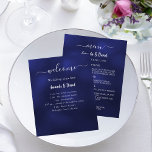 Wedding Program Menu navy blue white<br><div class="desc">A classic wedding program and menu.  A navy blue background. The blue colour is uneven. White text.  Personalise and add your name,  date and both your program and the menu. 

1 sheet = 1 menu printed edge to edge.</div>