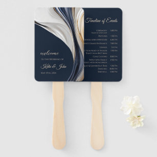 Wedding Program-Modern Abstract-Blue and Gold Hand Fan