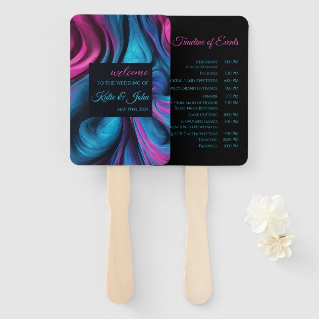 Wedding Program-Modern Abstract-Blue and Pink- Hand Fan (Front and Back)