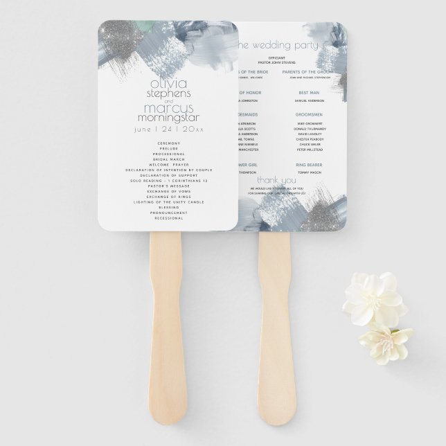 Wedding Program | Modern Dusty Blue Brushstroke Hand Fan (Front and Back)