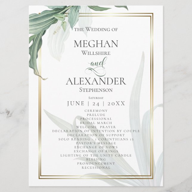 Wedding Program | Modern Elegant Tropical Leaves Menu (Front)