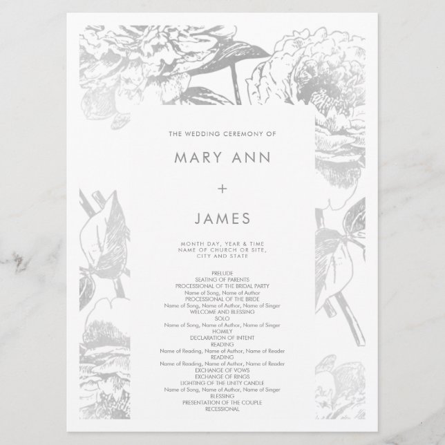 Wedding Program Modern Simple Floral Silver Programme (Front)