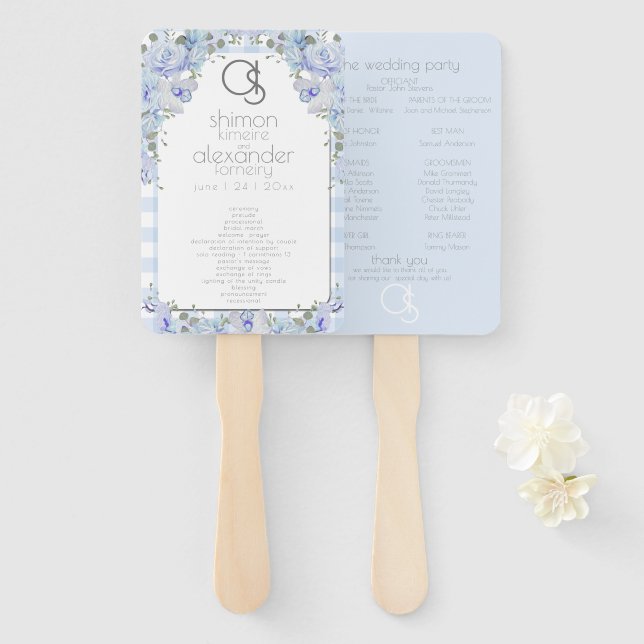 Wedding Program | Monogram Blue Gingham Floral Hand Fan (Front and Back)