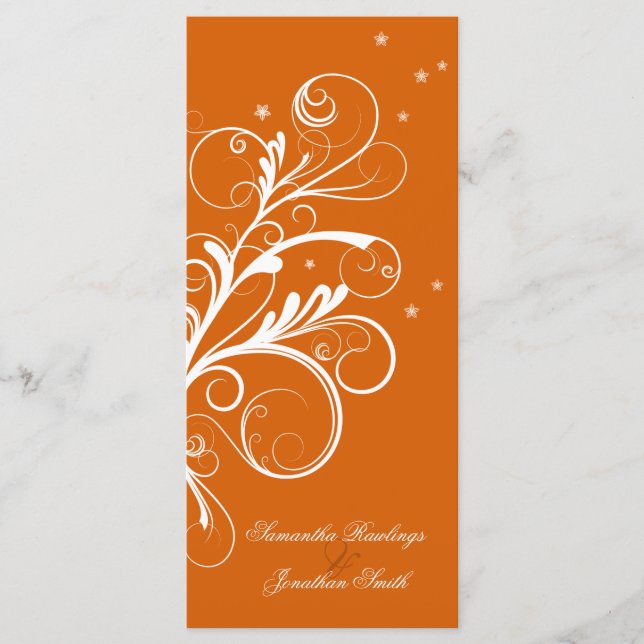 Wedding Program Orange White Floral Elegant Swirl Programme (Front)