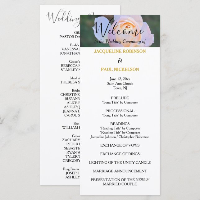 Wedding Program Pastel Pink Roses Gold NAMES Programme (Front/Back)