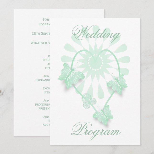 Wedding Program Peppermint Butterflies Heart Programme (Front/Back)