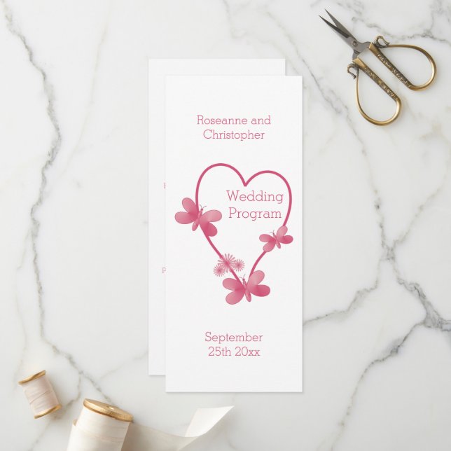 Wedding Program Pink Heart And Butterflies Programme (Front/Back In Situ)
