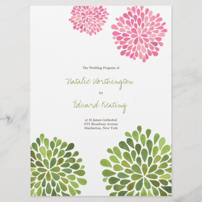 Wedding Program Pink Red Yellow Flower Blooms Programme (Front)