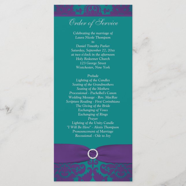 Wedding Program | PRINTED RIBBON Purple, Teal Programme (Front)
