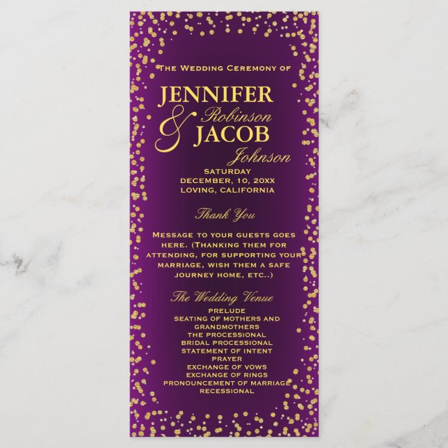 Wedding Program | Purple and Gold Confetti Programme (Front)