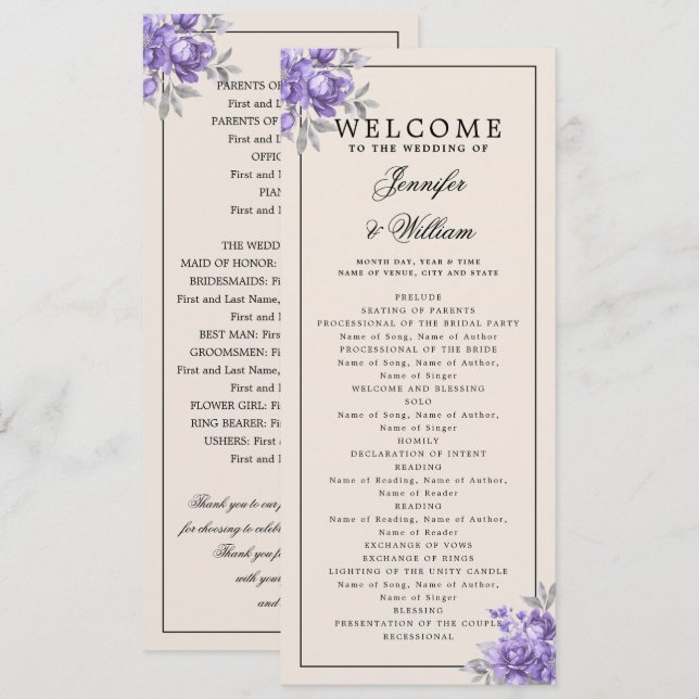 Wedding Program Purple Natural Rustic Floral Invitation (Front/Back)