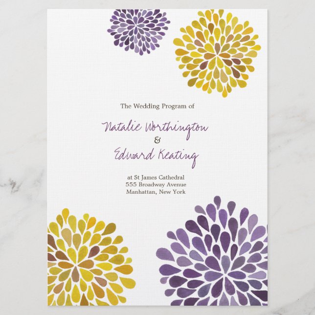 Wedding Program Purple Yellow Watercolor Dahlias Programme (Front)