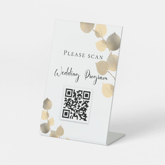 Wedding program QR code eucalyptus golden Pedestal Sign (Front)