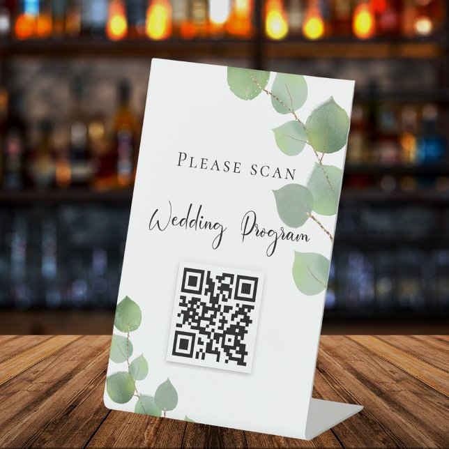 Wedding program QR code eucalyptus greenery Pedestal Sign (Creator Uploaded)