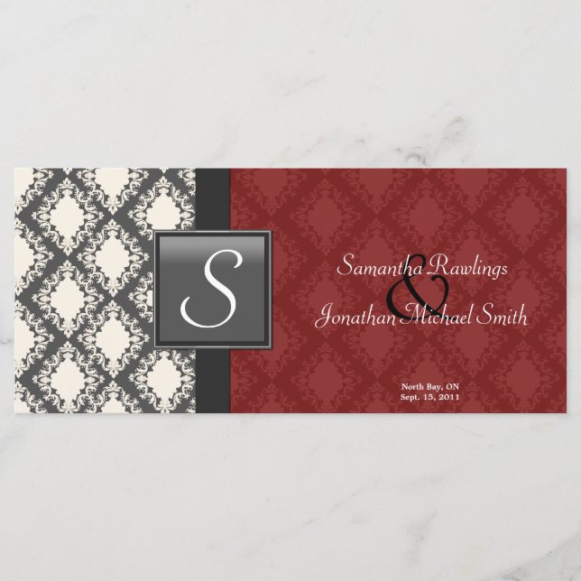 Wedding Program - Red Black White Damask Monogram Programme (Front)
