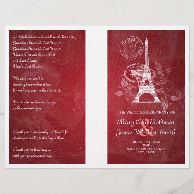 Wedding Program Romantic Paris Red (Front)