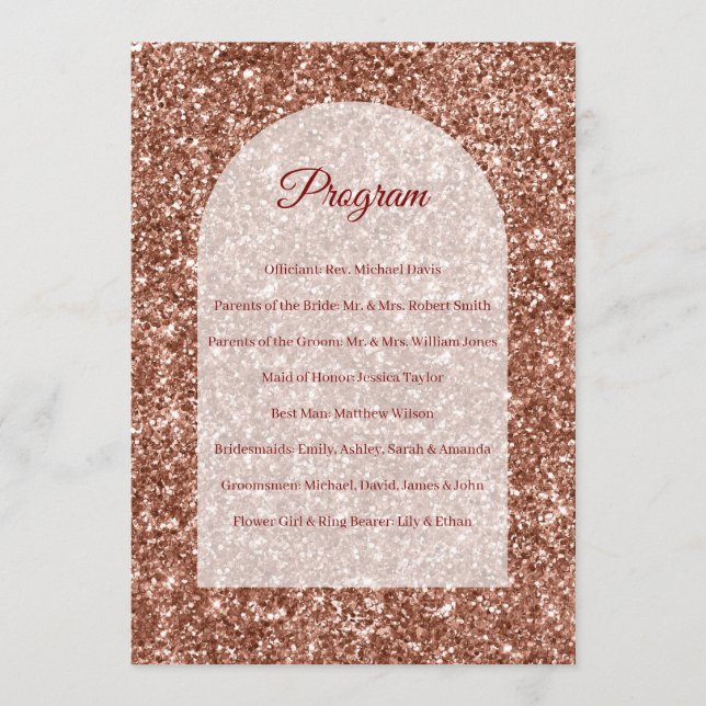 Wedding Program Rose Gold Ceremony Arched Glitter Programme (Front)