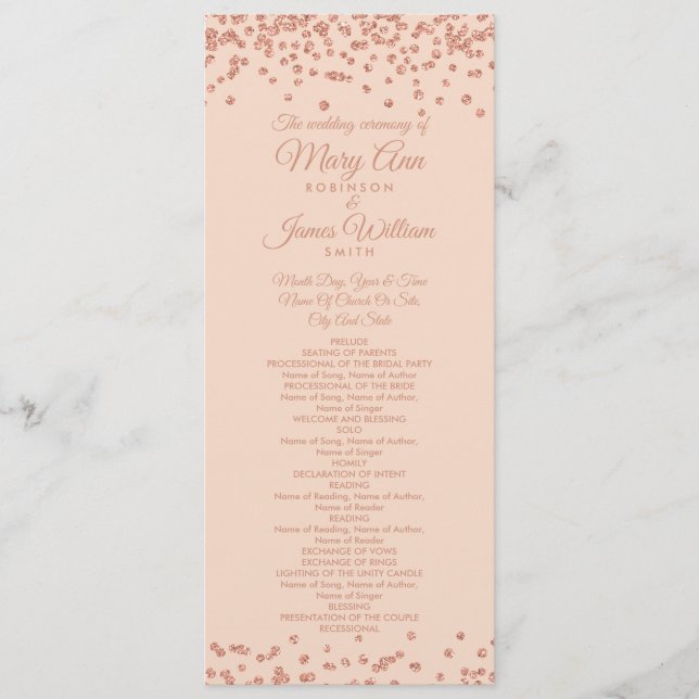Wedding Program Rose Gold Glitter Confetti Blush Programme (Front)