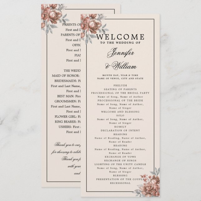 Wedding Program Rose Gold Natural Rustic Floral Invitation (Front/Back)