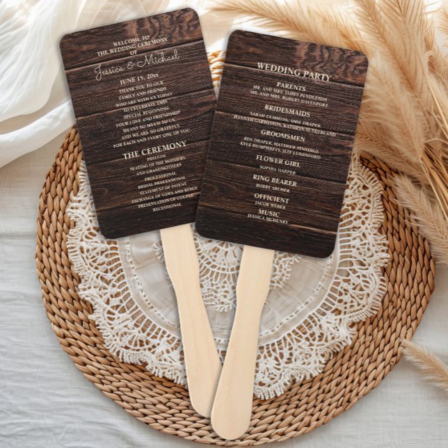 Wedding Program Rustic Dark Brown Wood Hand Fan (Rustic wood wedding program hand fan)