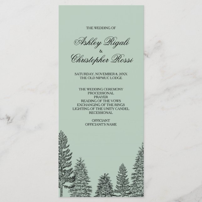 Wedding Program, Rustic Pine Tree - Green Programme (Front)