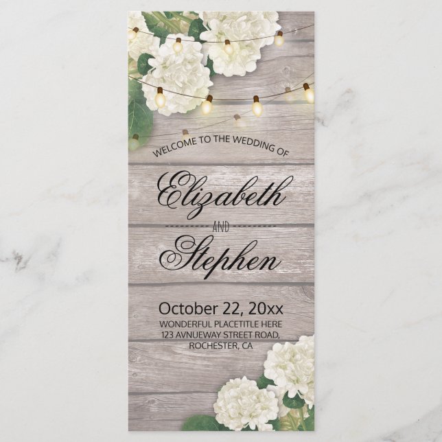 Wedding Program Rustic Wood Flowers String Lights Programme (Front)