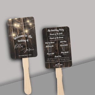 Wedding Program Rustic Wood String Lights Wedding Hand Fan