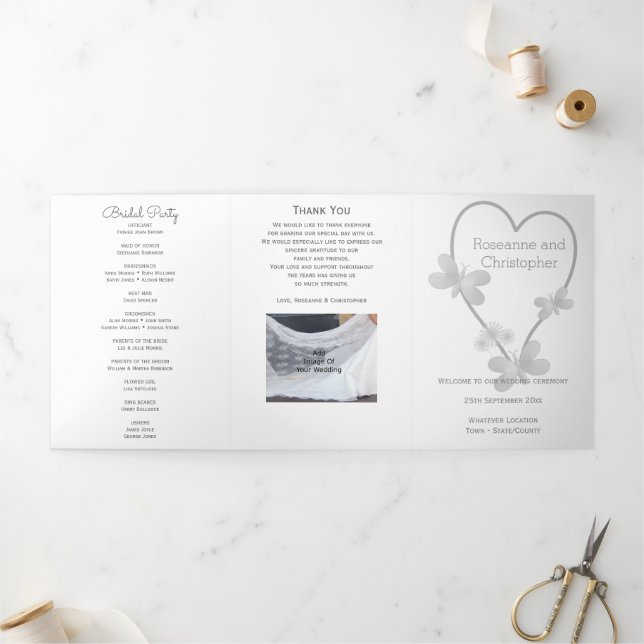 Wedding Program Silver Heart Butterflies Tri-Fold Programme (Outside)