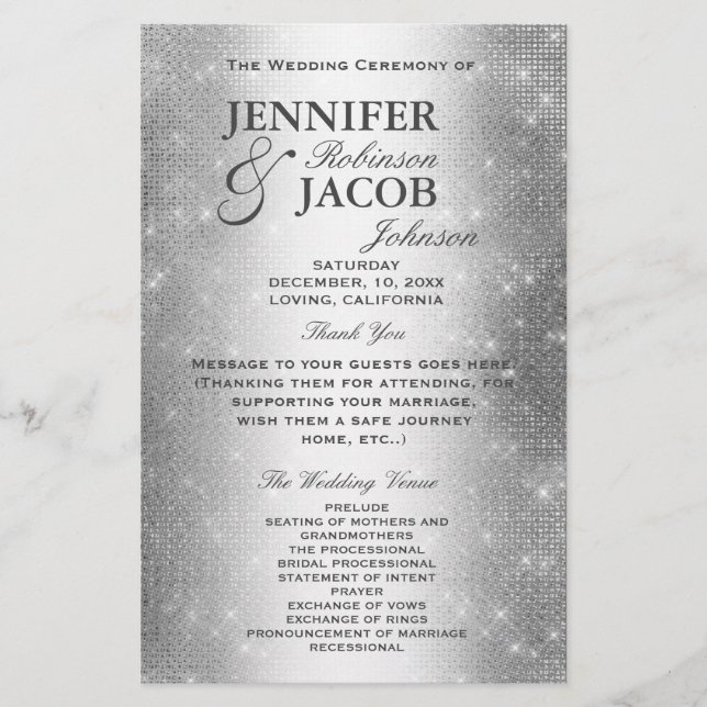 Wedding Program | Soft Silver Glitter Look (Front)
