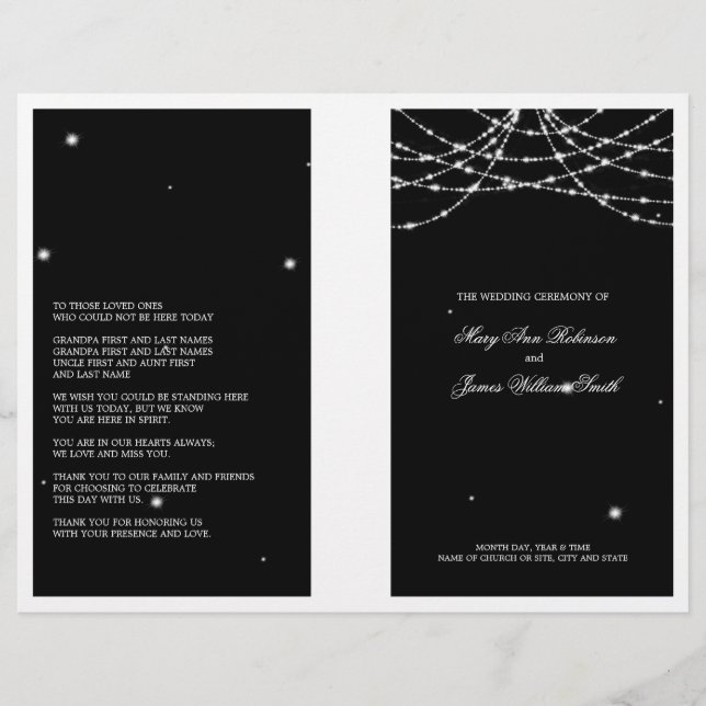 Wedding Program Sparkling String Black (Front)