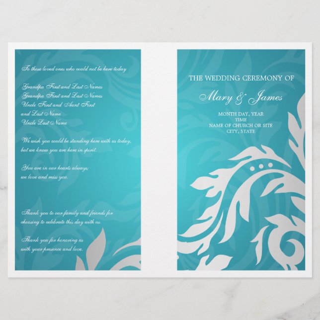 Wedding Program Swirly Flourish Aqua Blue (Front)