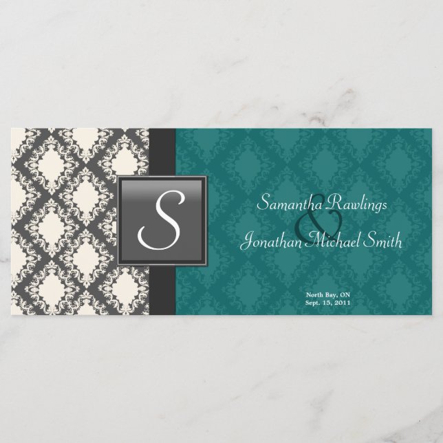 Wedding Program - Teal Black White Damask Monogram Programme (Front)